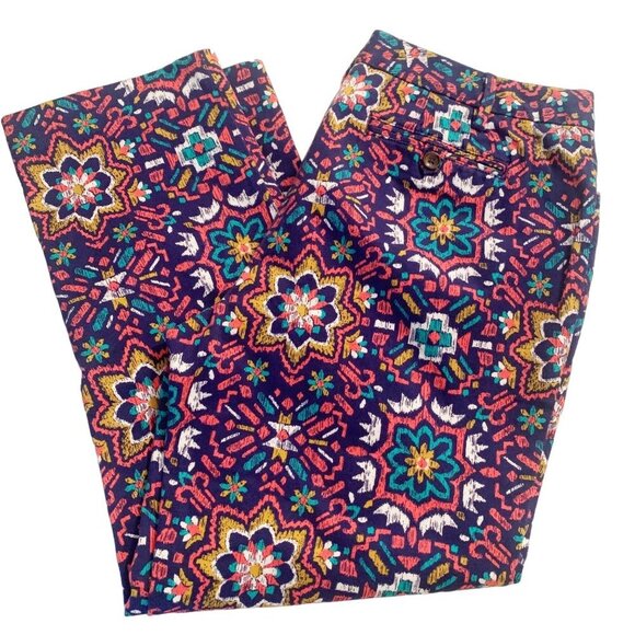Lands End Chino Pants Mid-Rise Straight Leg Colorful Aztec Tile Print Size 8 New - Picture 12 of 12